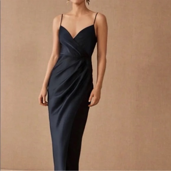 NWT Anthropologie BHLDN Freya Satin Dress in Midnight Blue (6) with Slit - Picture 1 of 6